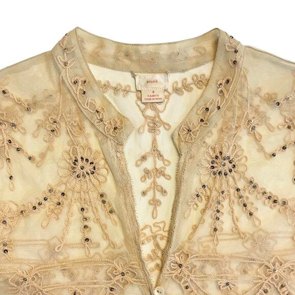 Anthropologie Snak boho fairy sheer mesh embroidered peplum blouse Size 6 - Picture 3 of 8